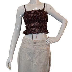 Thirty Thirty Brown Floral Sheer Ruched Tie Front Cami Top L